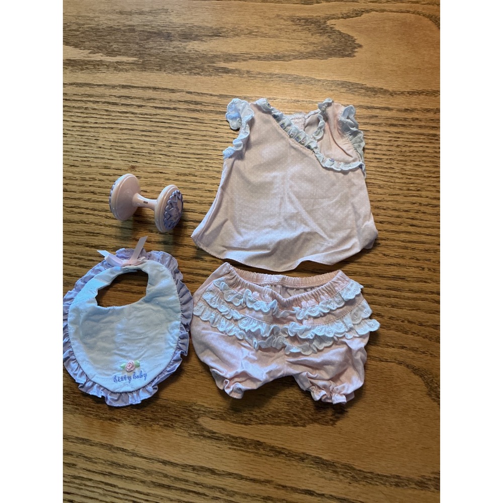 American Girl Bitty Baby Pink Polka Dot Ruffle Outfit Bib Rattle Set 4 Piece